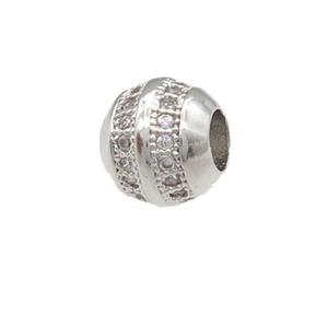 copper barrel beads pave zircon, large hole, platinum plated, approx 7mm, 3mm hole [FN24677]