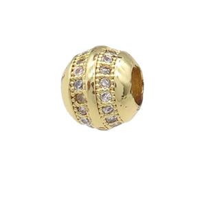 copper barrel beads pave zircon, large hole, gold plated, approx 7mm, 3mm hole [FN24678]