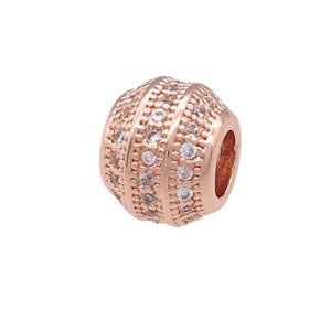 copper barrel beads pave zircon, large hole, rose gold, approx 10.5mm, 6mm hole [FN24681-10MM]