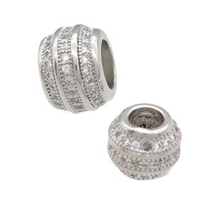 copper barrel beads pave zircon, large hole, platinum plated, approx 10.5mm, 6mm hole [FN24682-10MM]