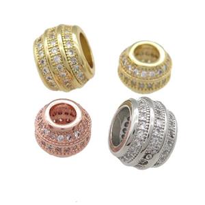 copper barrel beads pave zircon, large hole, mixed, approx 10.5mm, 6mm hole [FN24684-10MM]