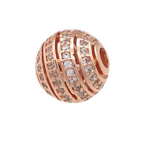 copper round beads pave zircon, large hole, hollow, rose gold, approx 10mm, 2.5mm hole [FN24685]