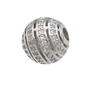 copper round beads pave zircon, large hole, platinum plated, approx 10mm, 2.5mm hole [FN24686]