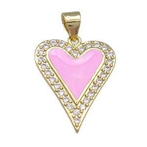 copper heart pendant pave zircon, pink enamel, gold plated, approx 16-20mm [FN24717]