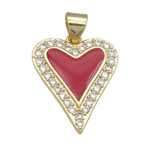copper heart pendant pave zircon, red enamel, gold plated, approx 16-20mm [FN24718]