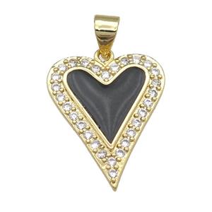 copper heart pendant pave zircon, black enamel, gold plated, approx 16-20mm [FN24720]