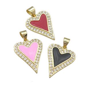 copper heart pendant pave zircon, enamel, gold plated, mixed, approx 16-20mm [FN24721]