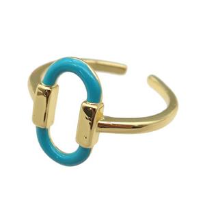 copper Ring with teal enamel oval, gold plated, approx 9-14.5mm, 18mm dia [FN24740]