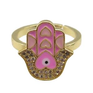copper Ring pave zircon with pink enamel hamsahand, gold plated, approx 15-18mm, 18mm dia [FN24760]