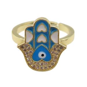 copper Ring pave zircon with blue enamel hamsahand, gold plated, approx 15-18mm, 18mm dia [FN24761]