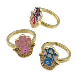 copper Ring pave zircon with enamel hamsahand, gold plated, mixed, approx 15-18mm, 18mm dia [FN24763]