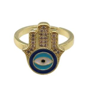 copper Ring pave zircon with enamel evil eye, hamsahand, gold plated, approx 15-18mm, 18mm dia [FN24764]