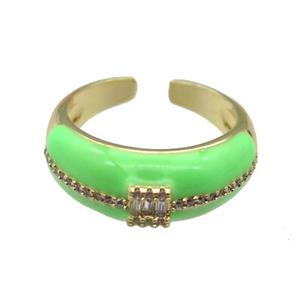 copper Ring pave zircon with green enamel, gold plated, approx 8mm, 18mm dia [FN24769]