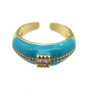 copper Ring pave zircon with teal enamel, gold plated, approx 8mm, 18mm dia [FN24772]