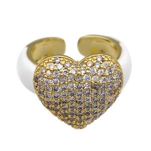 copper Ring paved zircon with white enamel, heart, gold plated, approx 15-17mm, 18mm dia [FN24774]