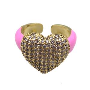 copper Ring paved zircon with pink enamel, heart, gold plated, approx 15-17mm, 18mm dia [FN24776]