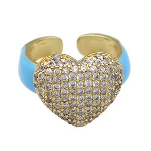 copper Ring paved zircon with teal enamel, heart, gold plated, approx 15-17mm, 18mm dia [FN24778]