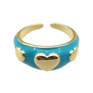 copper Ring with teal enamel, heart, gold plated, approx 10mm, 18mm dia [FN24782]