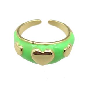 copper Ring with green enamel, heart, gold plated, approx 10mm, 18mm dia [FN24787]