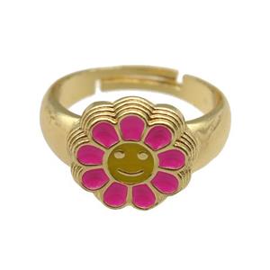 copper Ring with hotpink enamel daisy, adjustable, gold plated, approx 14mm, 18mm dia [FN24791]