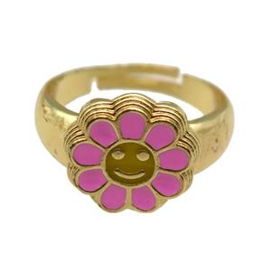 copper Ring with pink enamel daisy, adjustable, gold plated, approx 14mm, 18mm dia [FN24792]