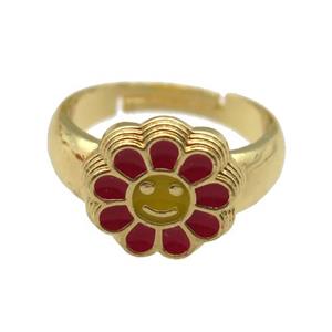 copper Ring with red enamel daisy, adjustable, gold plated, approx 14mm, 18mm dia [FN24793]