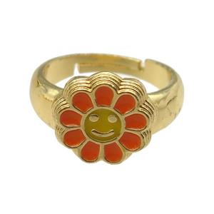 copper Ring with orange enamel daisy, adjustable, gold plated, approx 14mm, 18mm dia [FN24794]