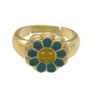 copper Ring with teal enamel daisy, adjustable, gold plated, approx 14mm, 18mm dia [FN24795]
