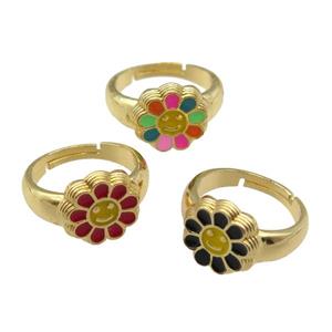 copper Ring with enamel daisy, adjustable, gold plated, mixed, approx 14mm, 18mm dia [FN24797]