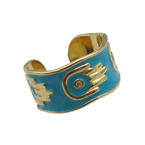 copper Ring with teal enamel, hand, gold plated, approx 10mm, 18mm dia [FN24800]