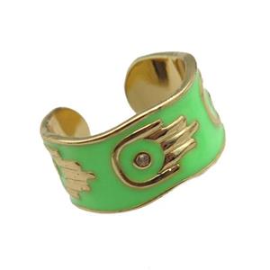 copper Ring with green enamel, hand, gold plated, approx 10mm, 18mm dia [FN24801]