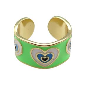 copper Ring with green enamel, heart, gold plated, approx 10mm, 18mm dia [FN24822]