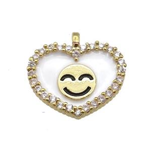 copper Heart pendant paved zircon with white enamel, happiness face, gold plated, approx 17-18mm [FN24881]