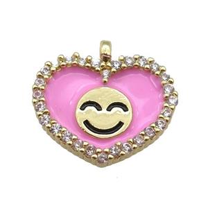 copper Heart pendant paved zircon with pink enamel, happiness face, gold plated, approx 17-18mm [FN24882]