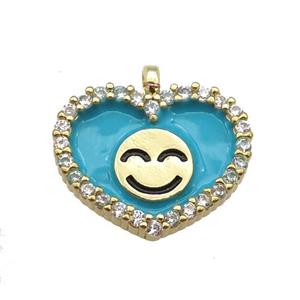 copper Heart pendant paved zircon with teal enamel, happiness face, gold plated, approx 17-18mm [FN24884]