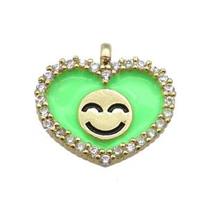 copper Heart pendant paved zircon with green enamel, happiness face, gold plated, approx 17-18mm [FN24885]