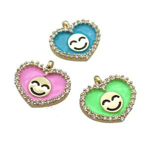 copper Heart pendant paved zircon with enamel, happiness face, gold plated, mixed, approx 17-18mm [FN24886]