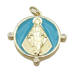 copper Pendant with Virgin Mary, teal enamel, gold plated, approx 23mm [FN24888]