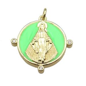 copper Pendant with Virgin Mary, green enamel, gold plated, approx 23mm [FN24890]