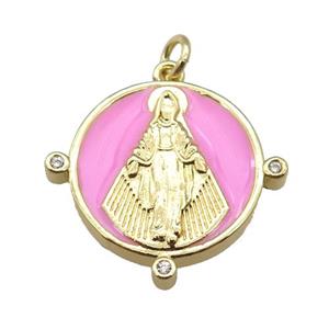 copper Pendant with Virgin Mary, pink enamel, gold plated, approx 23mm [FN24891]
