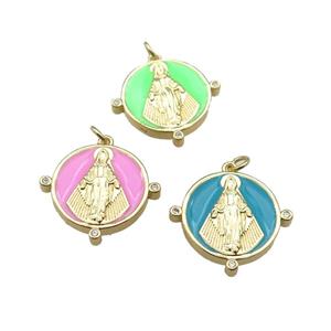 copper Pendant with Virgin Mary, mixed enamel, gold plated, approx 23mm [FN24892]
