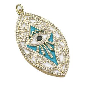 copper Leaf pendant paved zircon, enamel evil eye, gold plated, approx 23-40mm [FN24906]