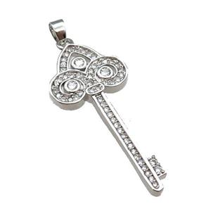 copper Key pendant paved zircon, platinum plated, approx 15-35mm [FN24910]