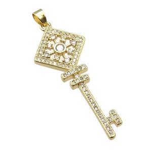 copper Key pendant paved zircon, gold plated, approx 15-36mm [FN24913]