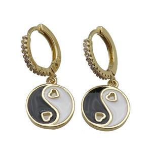 copper Hoop Earrings with enamel Taichi, yinyang, gold plated, approx 12mm, 14mm dia [FN24914]