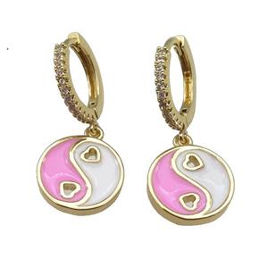 copper Hoop Earrings with pink enamel Taichi, yinyang, gold plated, approx 12mm, 14mm dia [FN24915]