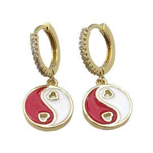 copper Hoop Earrings with red enamel Taichi, yinyang, gold plated, approx 12mm, 14mm dia [FN24916]