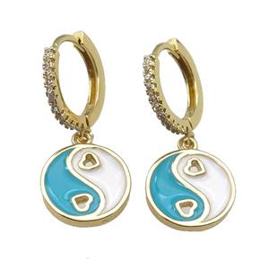 copper Hoop Earrings with teal enamel Taichi, yinyang, gold plated, approx 12mm, 14mm dia [FN24918]