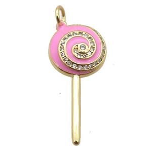 copper Lollipop pendant paved zircon with pink enamel, gold plated, approx 13-30mm [FN24923]