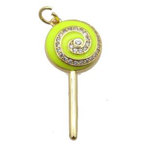 copper Lollipop pendant paved zircon with yellow enamel, gold plated, approx 13-30mm [FN24924]